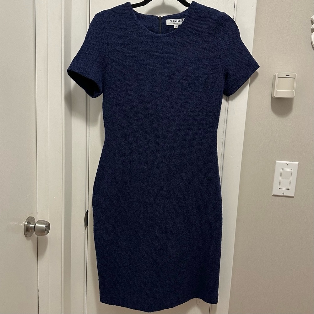 Of/Mercer Navy Blue Tweed Crewneck Sleeve Sheath Dress 6 office classy